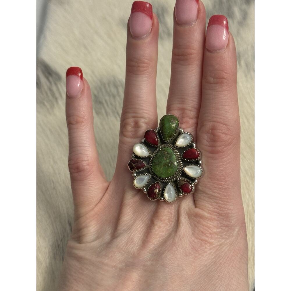 Sterling Silver Sonoran Gold Turquoise Red Dahlia MOP Huge Cluster Ring Adjust - Picture 1 of 14